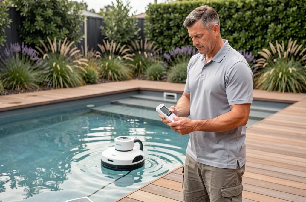 Homme testant la qualité de l'eau d'une piscine éco-responsable avec kit d'analyse numérique sur terrasse en bois composite et aménagement végétal économe en eau