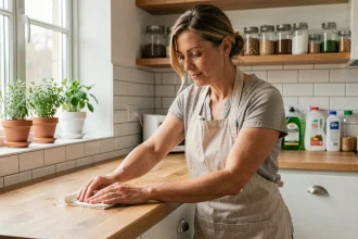 Femme appliquant un traitement naturel au vinaigre blanc contre les petites bêtes noires dans une cuisine moderne