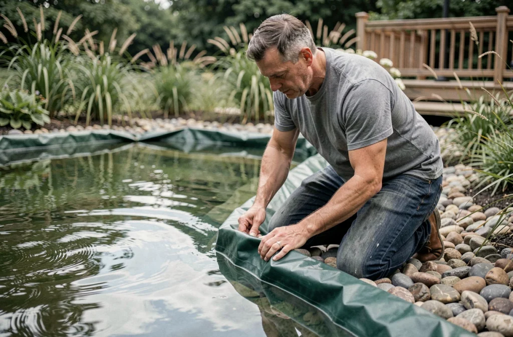 Homme inspectant les bords d'un liner vert installé dans un bassin extérieur rempli d'eau, entouré de végétation