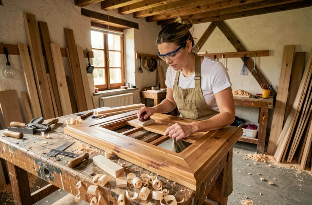 Menuisière d'AFH Menuiserie finissant un cadre de fenêtre en bois dans un atelier artisanal traditionnel
