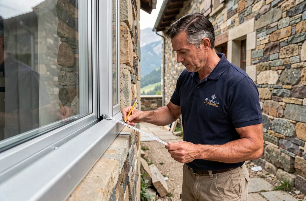 Technicien d'Aluminium Pyrénées mesurant un cadre de fenêtre en aluminium sur une façade en pierre dans les Pyrénées