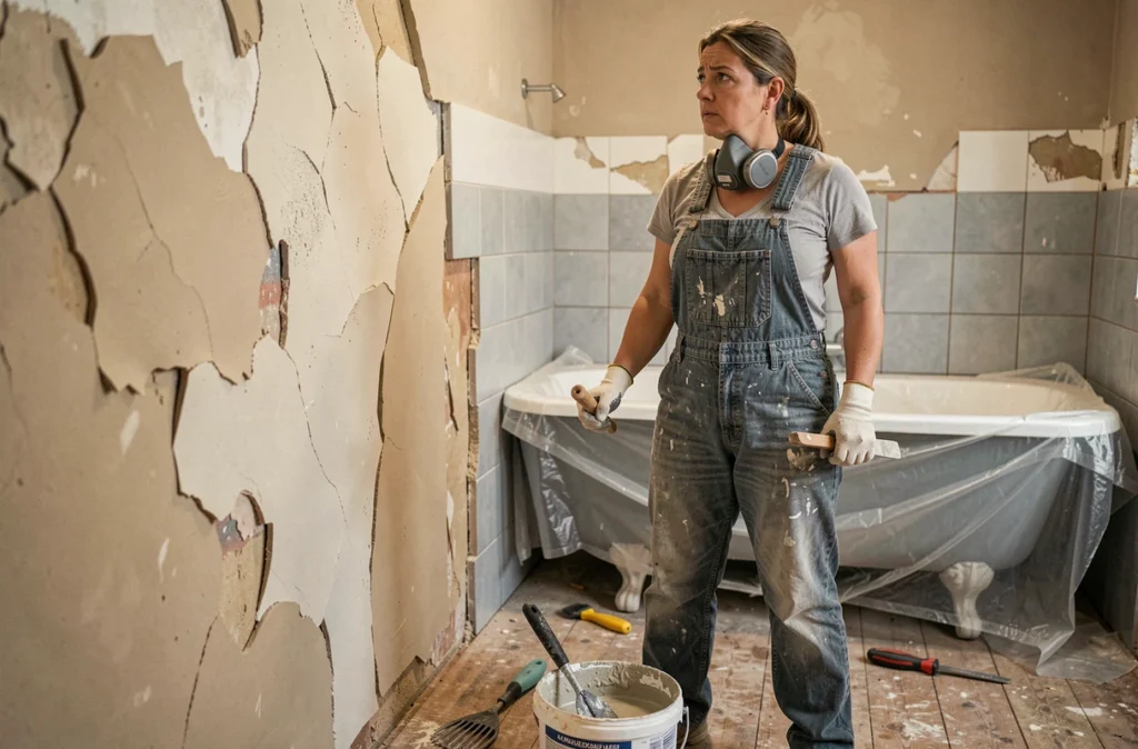 Femme bricolant dans une salle de bain observant un enduit au map qui glisse et se décolle du mur carrelé