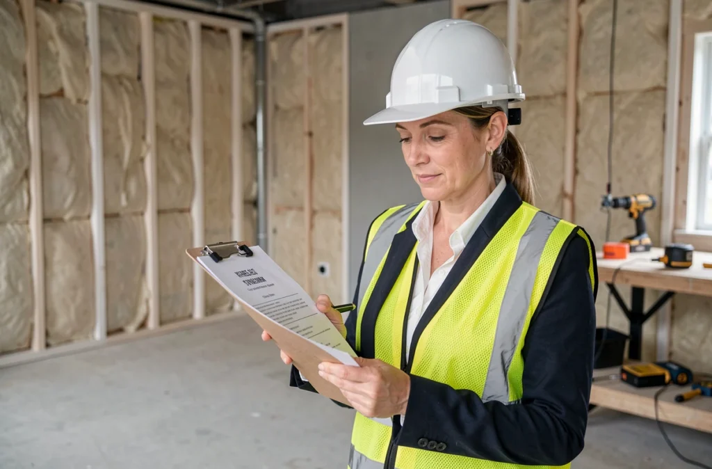 Auditrice en certification énergétique inspectant un logement en cours d'isolation pour CERTIF dans le Rhône