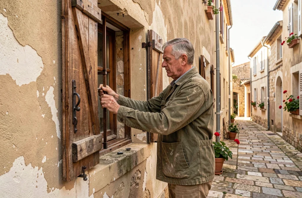 Artisan de Combalbert Philippe ajustant les ferrures d'un ensemble volet-fenêtre en bois sur une maison de village héraultaise