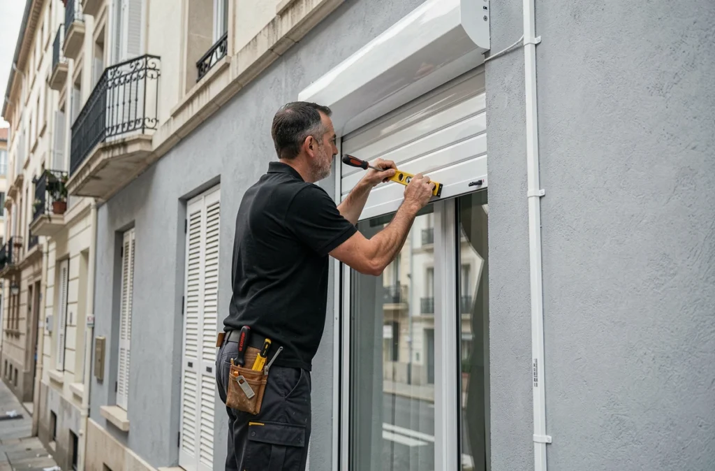 Technicien DDI installant un coffre de volet roulant PVC sur la façade d'un immeuble résidentiel à Toulouse