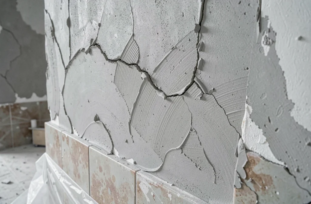 Gros plan sur des défauts d'enduit au map : fissures, épaisseur irrégulière et bords décollés sur un mur de chantier