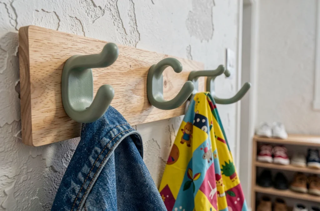 Détail de crochets arrondis en métal laqué d'un porte-manteaux moderne pour enfants fixé sur panneau de bouleau