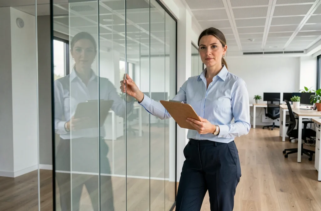 Consultante En Toute Transparence ETT présentant une cloison vitrée grand format dans un bureau moderne en Occitanie