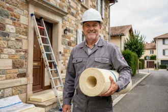 Artisan spécialisé en isolation thermique devant une maison du Rhône, tenant des panneaux isolants
