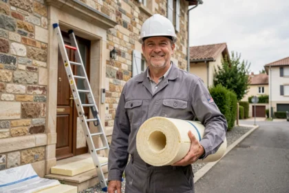 Artisan spécialisé en isolation thermique devant une maison du Rhône, tenant des panneaux isolants