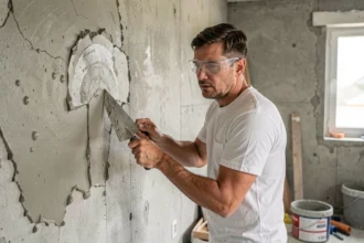 Artisan appliquant du map comme enduit de manière incorrecte sur un mur intérieur en béton, avec des bulles et des coulures visibles