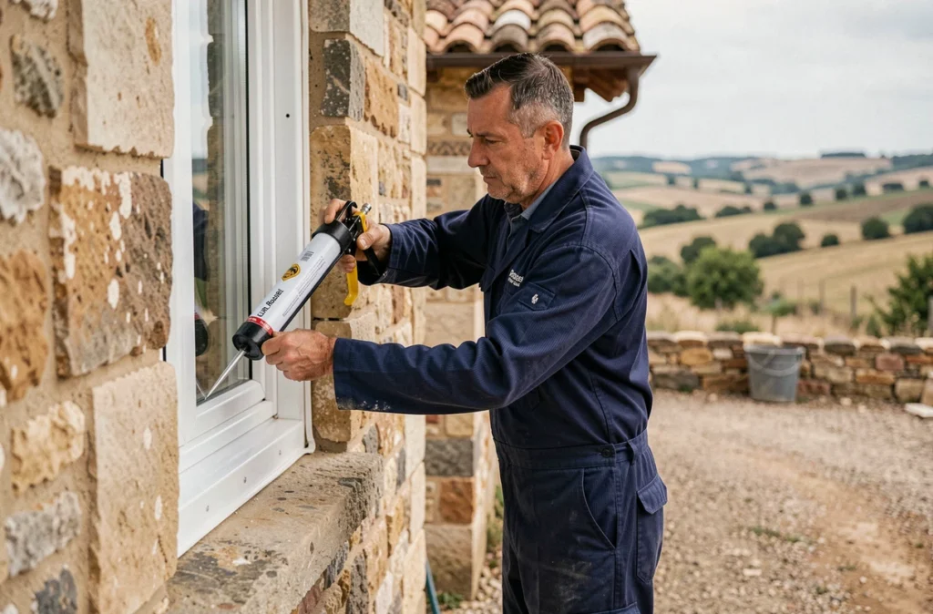 Technicien EURL Roussel appliquant un joint silicone autour d'une fenêtre PVC sur une ferme en pierre occitane