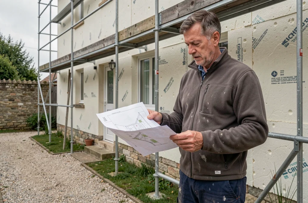 Artisan de Girardet SARL supervisant la pose de panneaux isolants sur une façade dans le Rhône