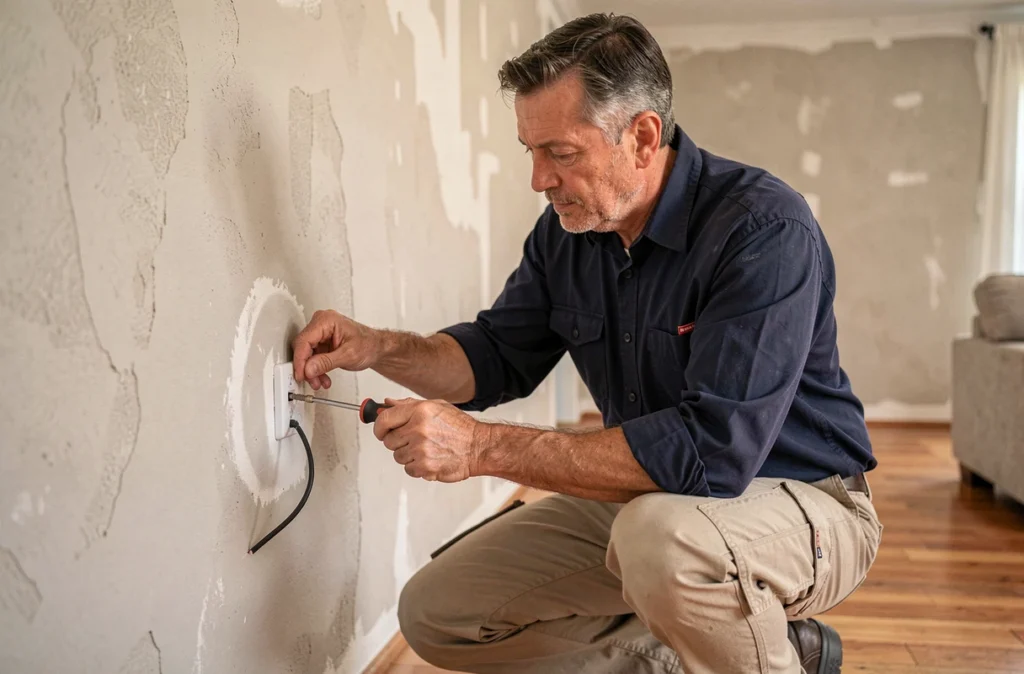 Électricien installant une prise TV murale coaxiale dans un salon en rénovation