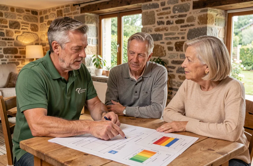 Conseiller d'Isolation Énergie France présentant un projet de rénovation thermique à des propriétaires dans le Rhône