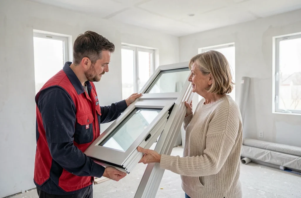 Commercial de Lacombe présentant un échantillon de fenêtre bois-aluminium à une propriétaire lors d'une consultation de rénovation