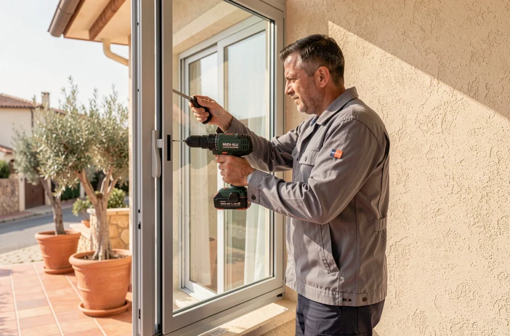 Installateur Midi-Alu posant une fenêtre en aluminium sur la façade d'une villa méditerranéenne contemporaine