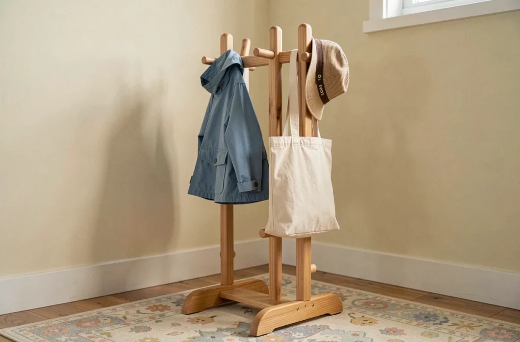 Porte-manteaux autoportant en bois pour enfants avec base stable et patères arrondies dans une salle de jeux