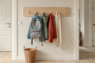 Porte-manteaux moderne pour enfants fixé au mur avec crochets arrondis sécurisés et vêtements colorés dans une entrée style scandinave