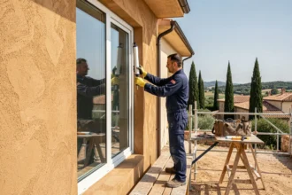 Équipe de poseurs de fenêtres en train d'installer une fenêtre à double vitrage sur une façade résidentielle en Occitanie