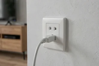 Prise TV murale blanche double port installée dans un salon moderne avec câble HDMI branché