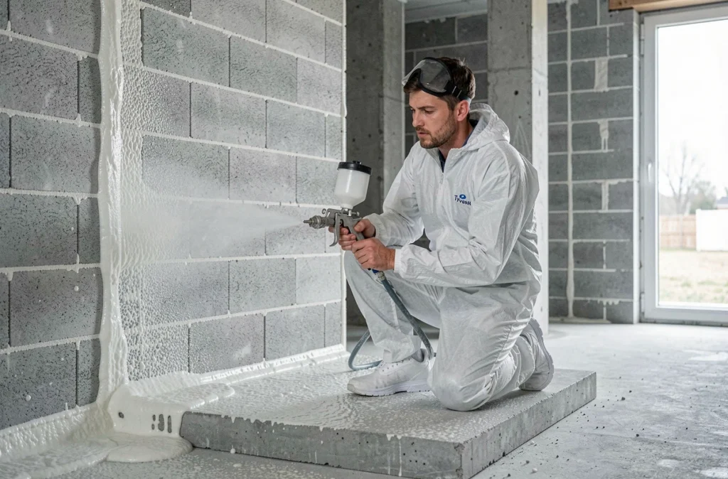 Technicien de Prosiref SAS appliquant de la mousse polyuréthane isolante sur un mur de chantier dans le Rhône