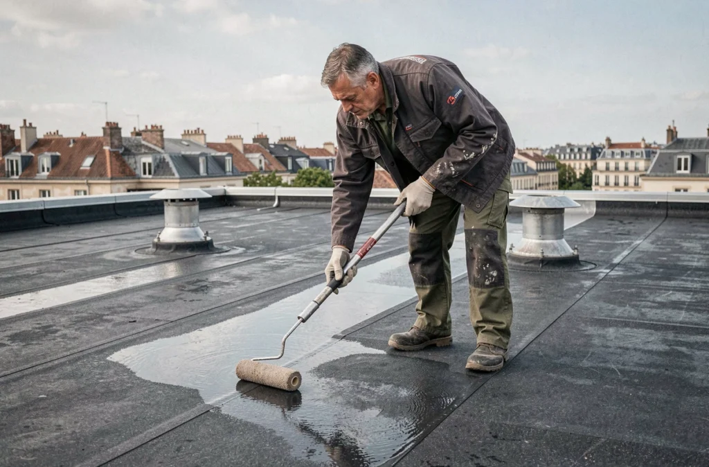 Spécialiste en étanchéité de la Société Étanchéité Service (S.E.S) appliquant une membrane sur une toiture terrasse à Lyon