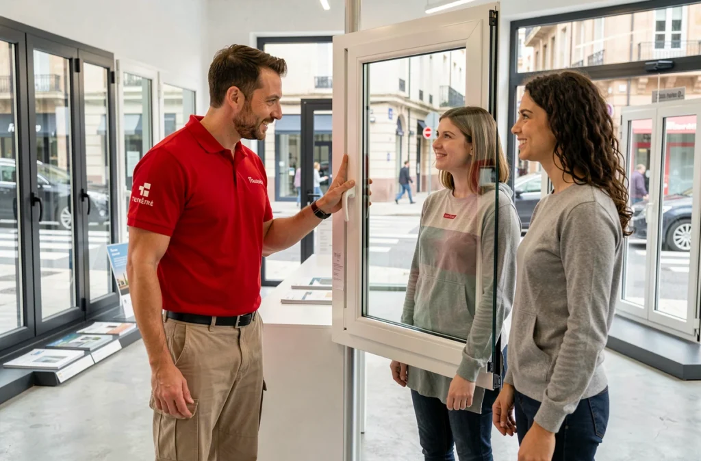 Conseiller Toulouse Fenêtre présentant les performances thermiques d'une fenêtre triple vitrage à un couple dans un showroom toulousain