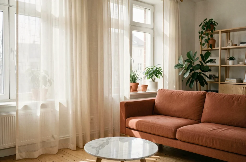 Rideau tamisant ivoire dans un salon scandinave lumineux avec canapé terracotta et plantes vertes